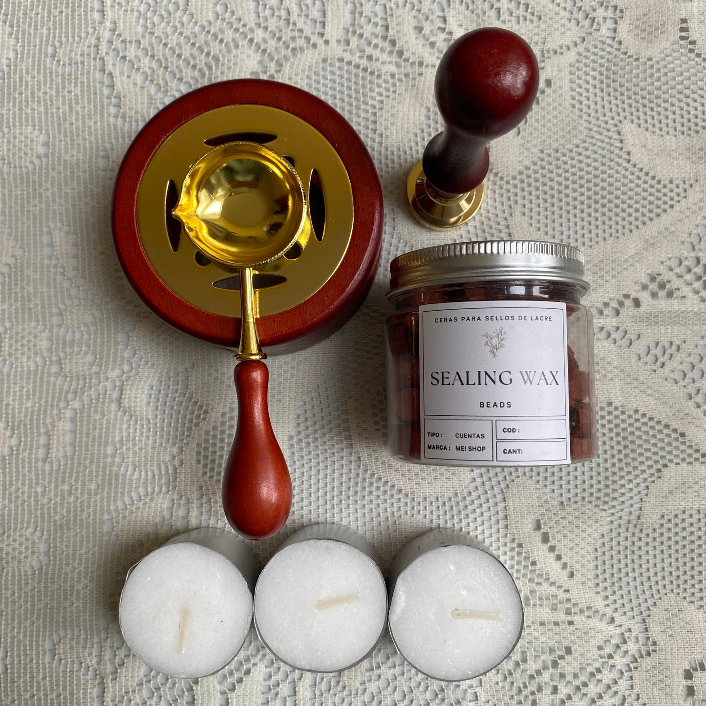 Kit completo sellos de lacre + sello personalizado (para 50 sellos/invitaciones)