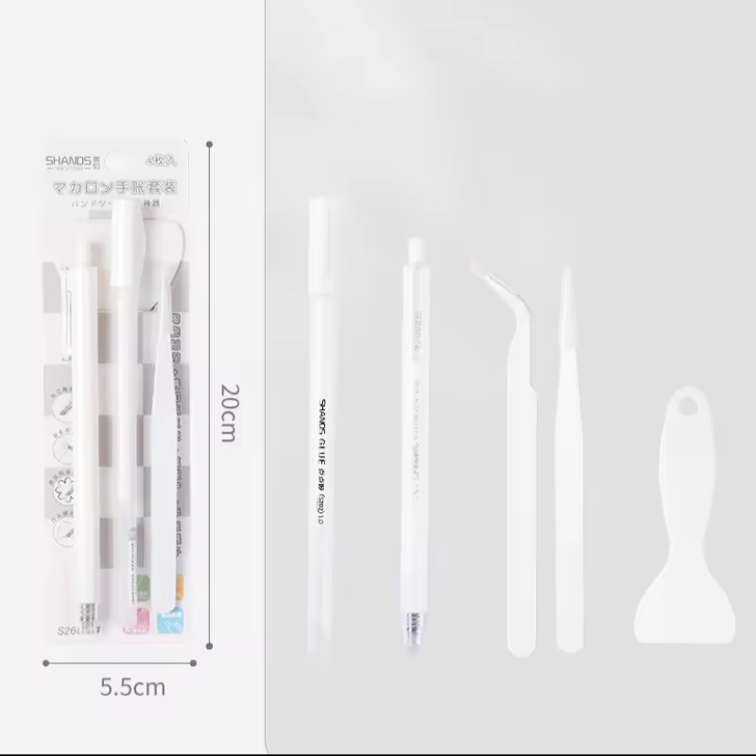 Set de 4 herramientas (Palita+glue pen+pinza+cutter)