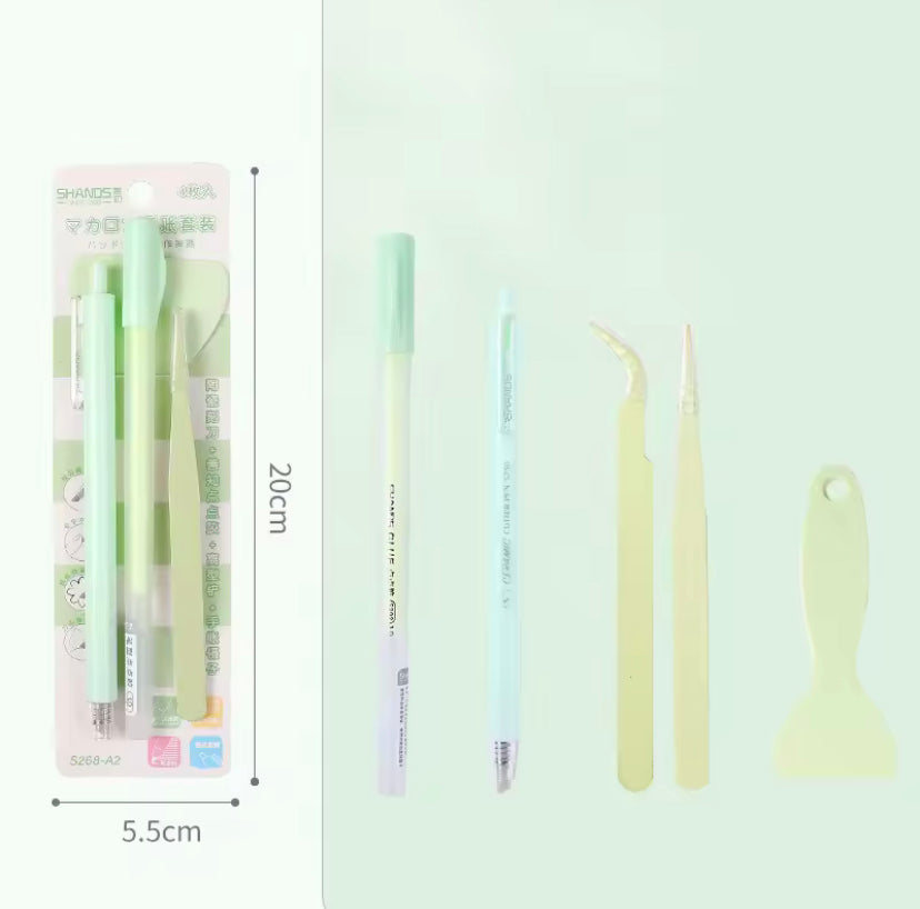 Set de 4 herramientas (Palita+glue pen+pinza+cutter)