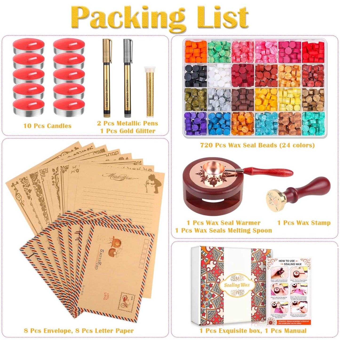 Kit sellos de lacre y cartas + 720 ceras