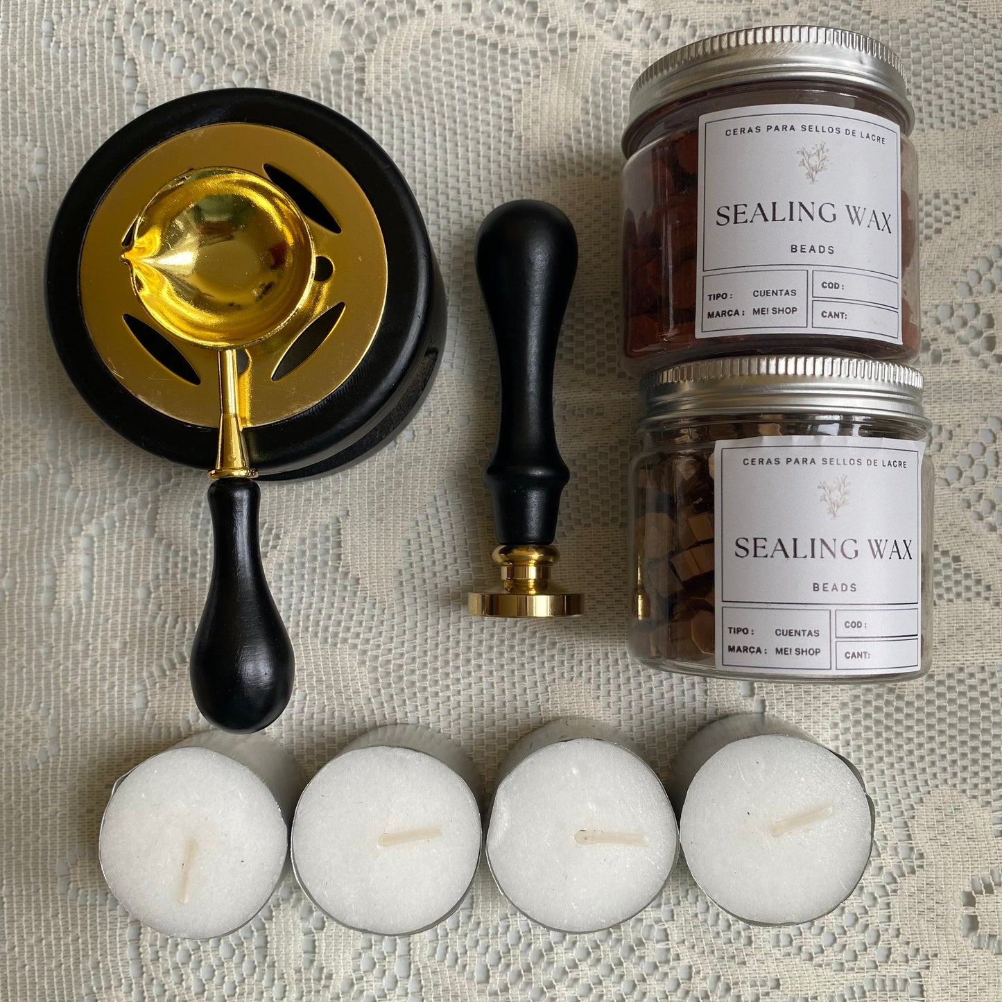 Kit completo sellos de lacre + sello personalizado (para 100 sellos/invitaciones)
