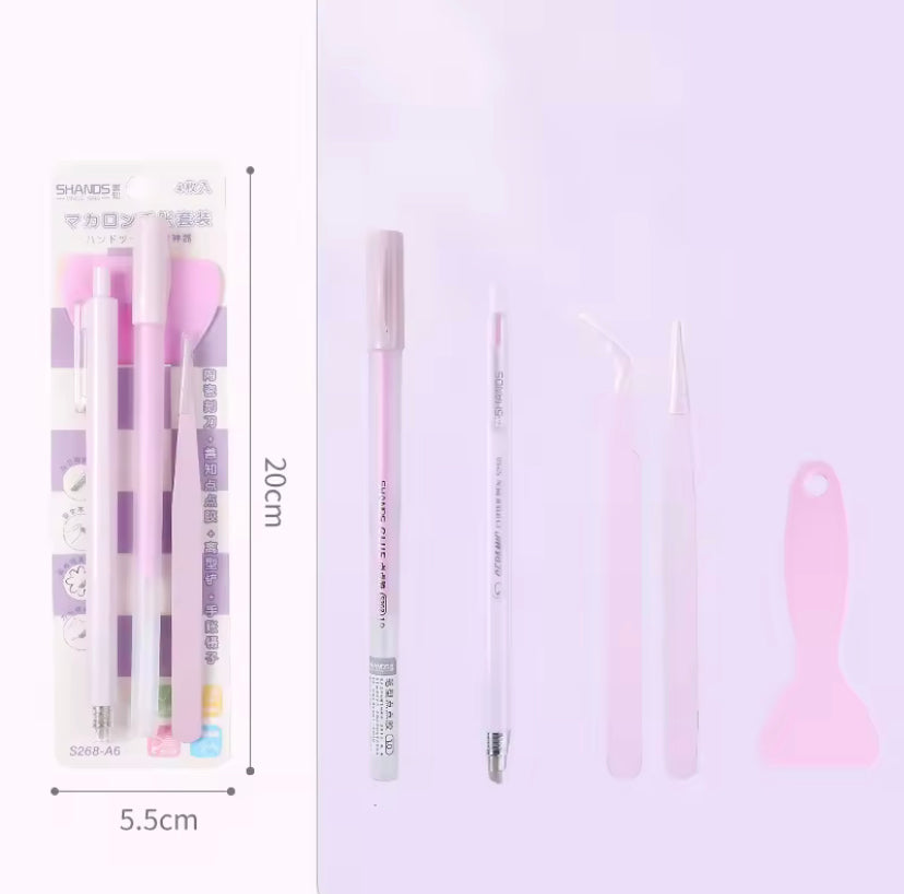 Set de 4 herramientas (Palita+glue pen+pinza+cutter)