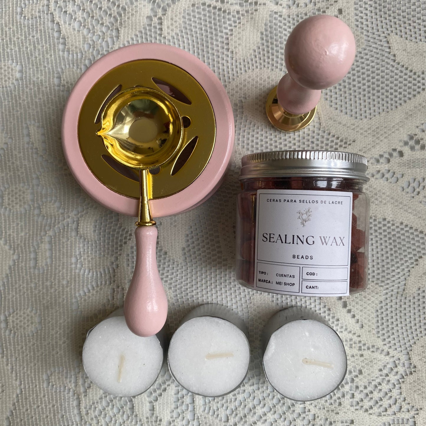 Kit completo sellos de lacre + sello personalizado (para 50 sellos/invitaciones)