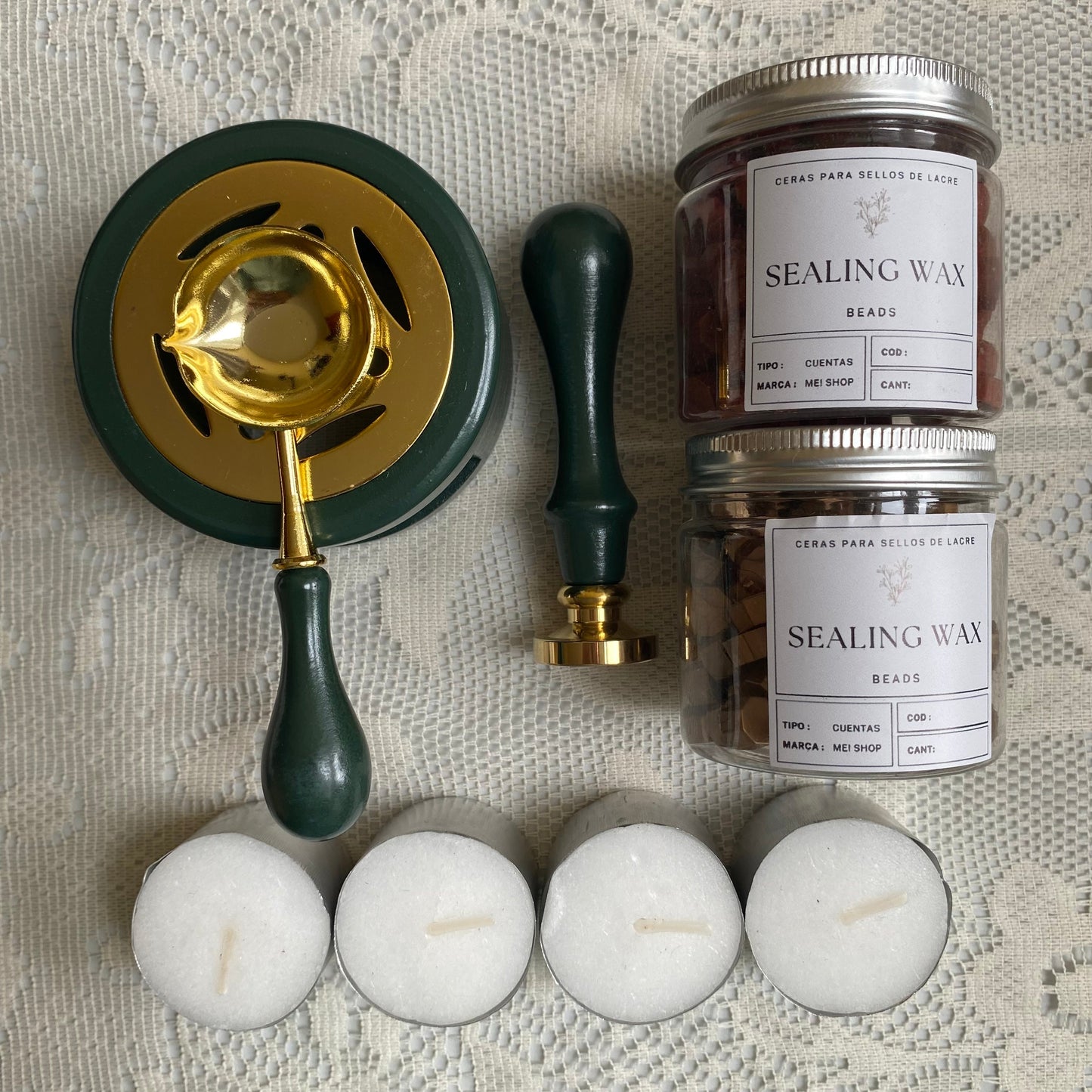 Kit completo sellos de lacre + sello personalizado (para 100 sellos/invitaciones)