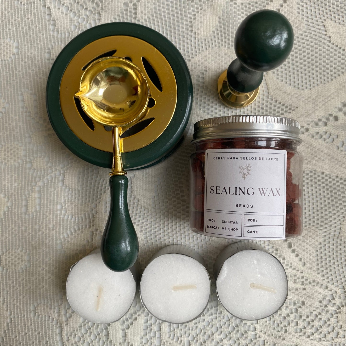 Kit completo sellos de lacre + sello personalizado (para 50 sellos/invitaciones)