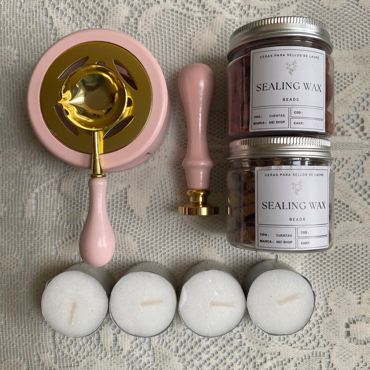 Kit completo sellos de lacre + sello personalizado (para 100 sellos/invitaciones)