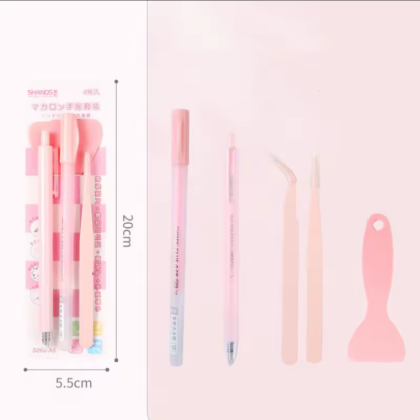 Set de 4 herramientas (Palita+glue pen+pinza+cutter)