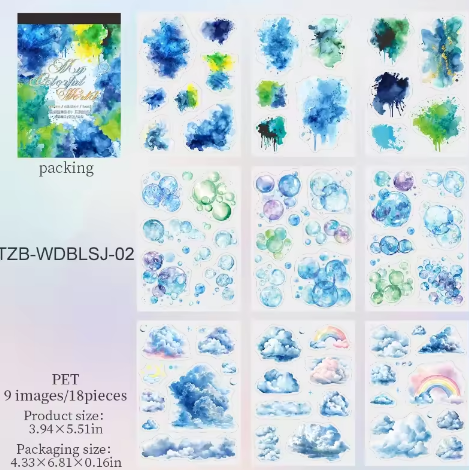 Block de stickers splash, burbujas y nubes-18 hojas