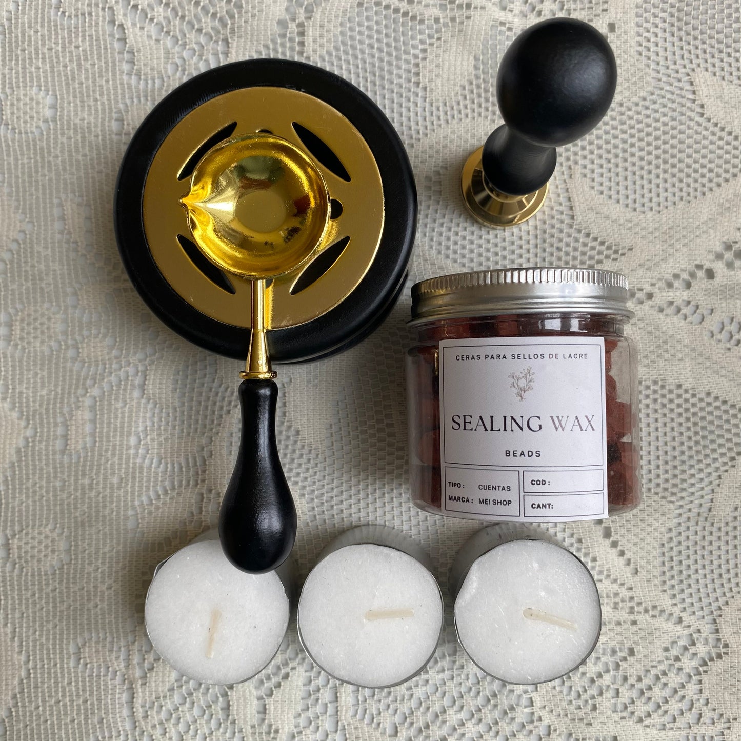Kit completo sellos de lacre + sello personalizado (para 50 sellos/invitaciones)
