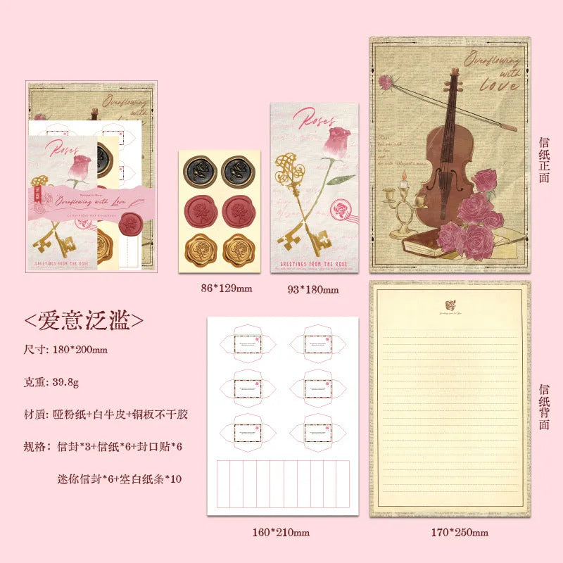 Set de cartas roses (6 hojas+3 sobres+6 sellos+16 figuras papel)