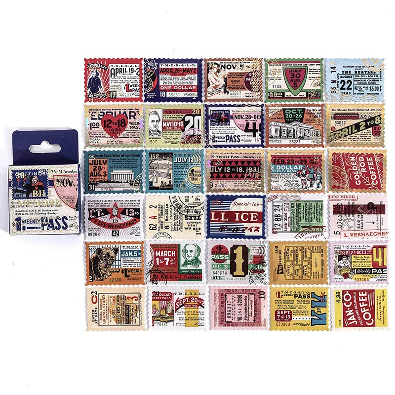 Cajita de stickers estampillas retro-46 pzas