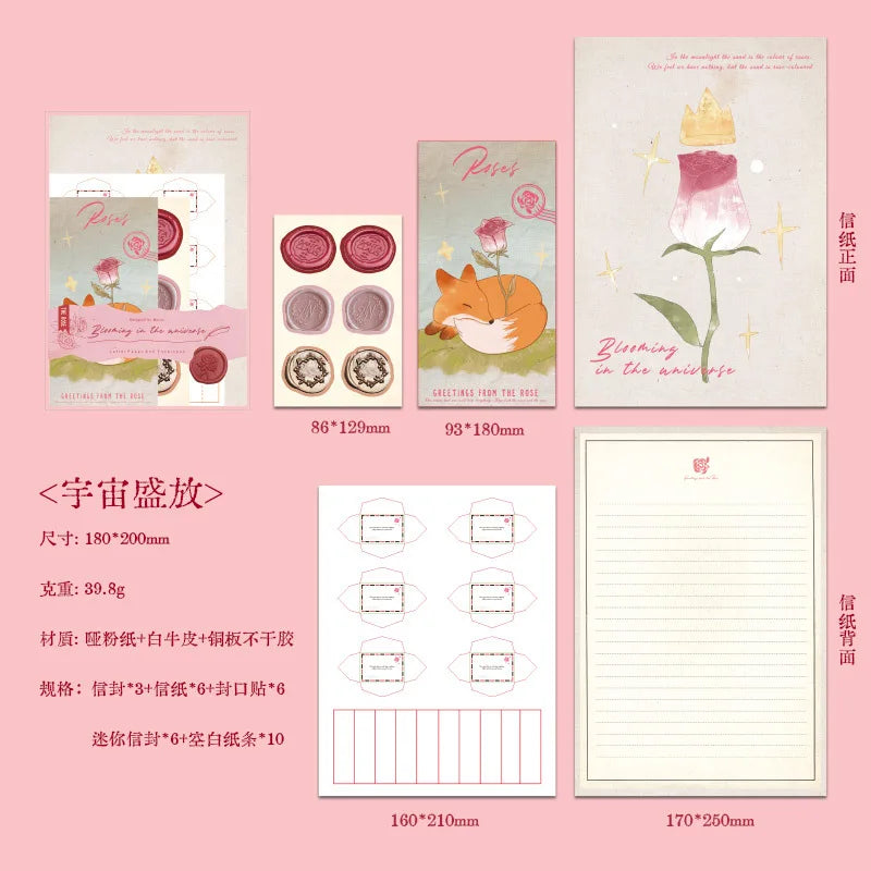 Set de cartas roses (6 hojas+3 sobres+6 sellos+16 figuras papel)