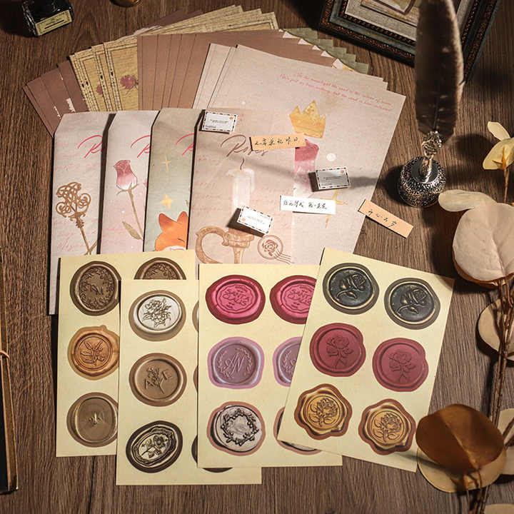 Set de cartas roses (6 hojas+3 sobres+6 sellos+16 figuras papel)