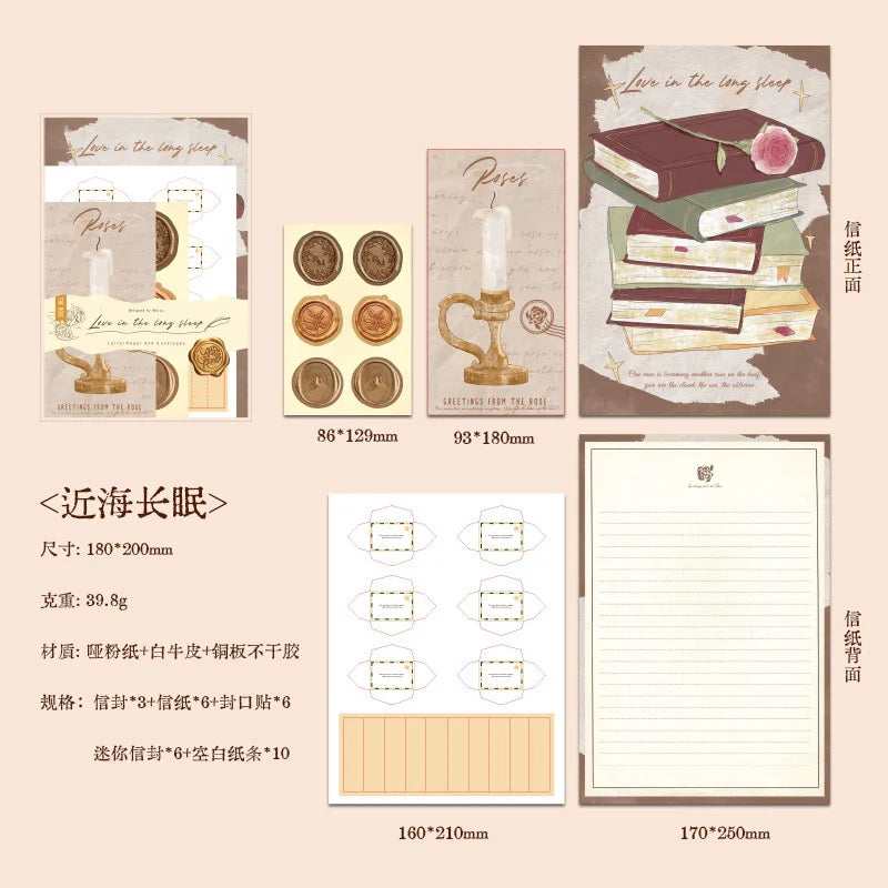 Set de cartas roses (6 hojas+3 sobres+6 sellos+16 figuras papel)