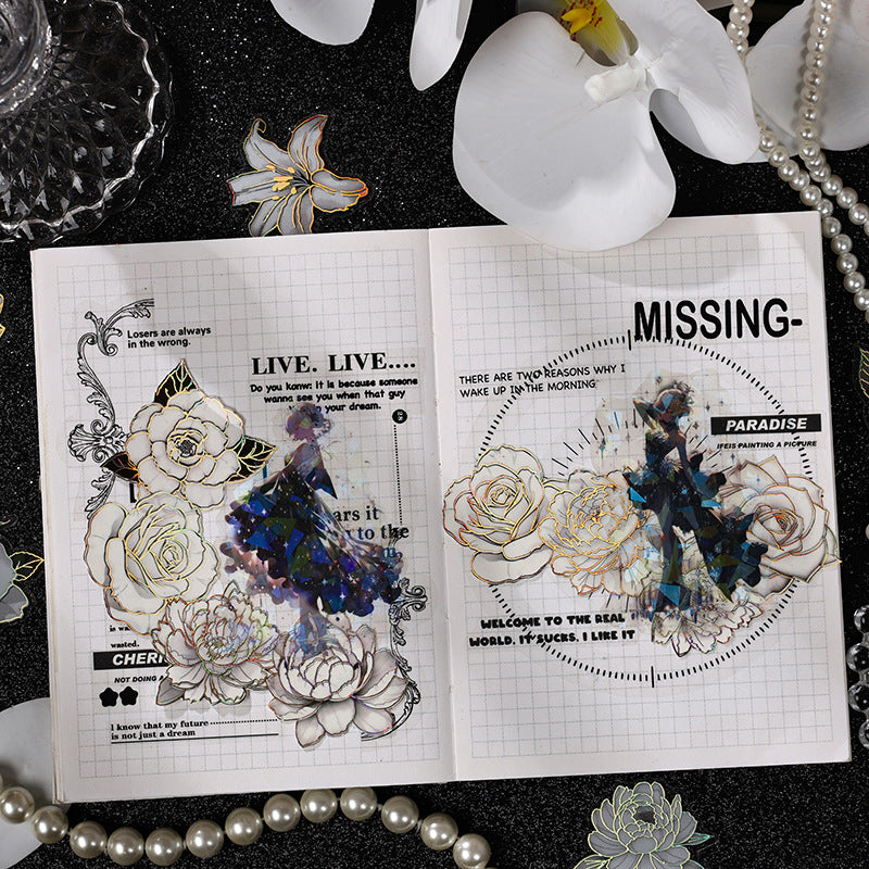 Stickers rosas blancas con foil-20 pzas