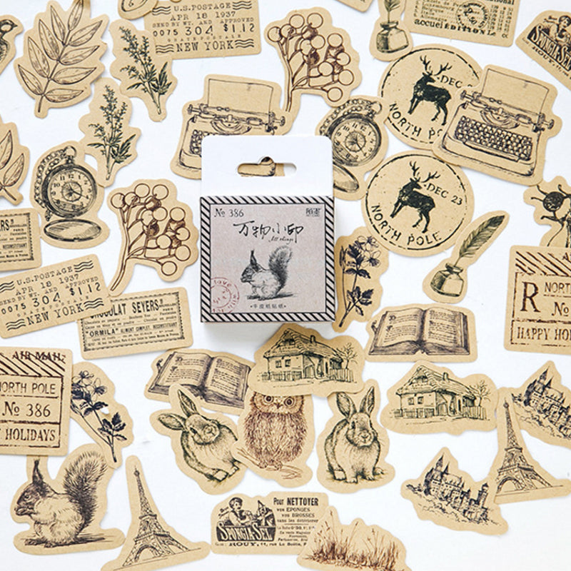 Cajita de stickers estampillas vintage -46 pzas