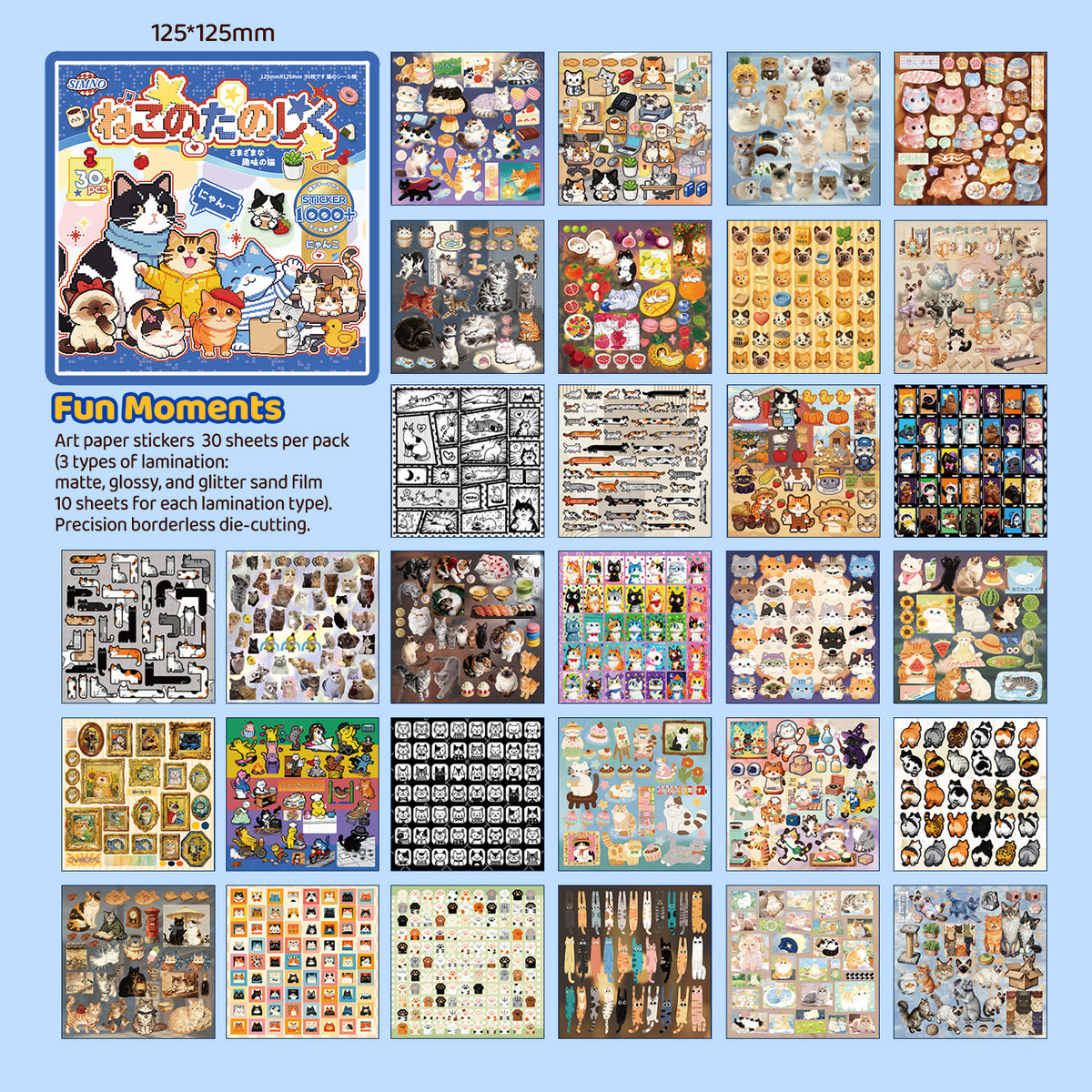 Block de stickers gato rosa azul-30 pzas