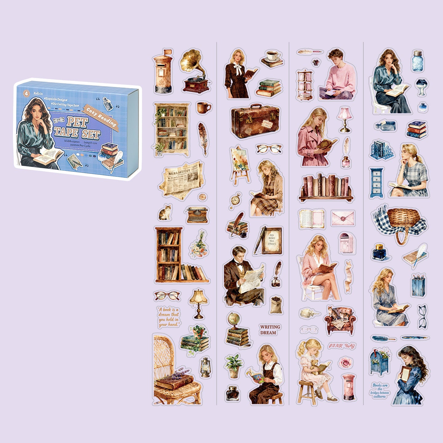 Set de washitape pre cortados reading-4 pzas