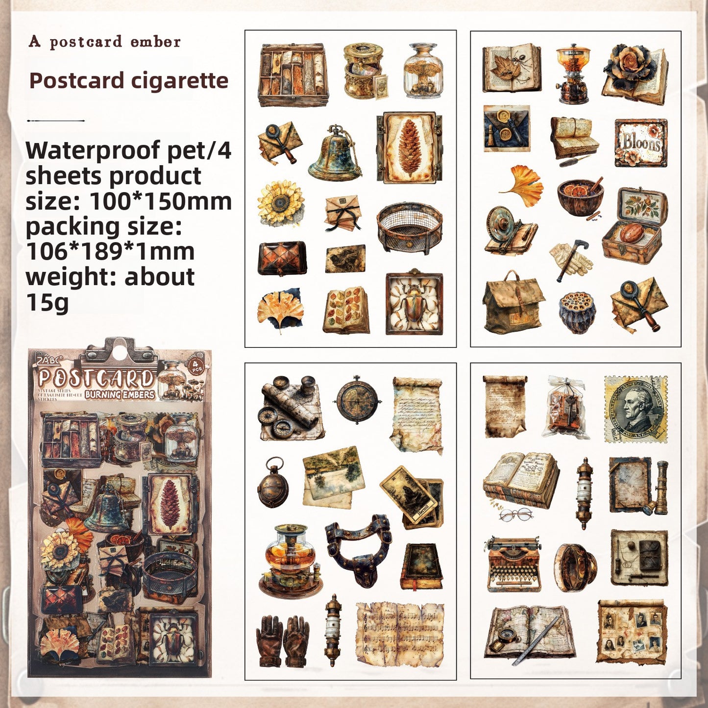 Stickers objetos vintage-4 pzas
