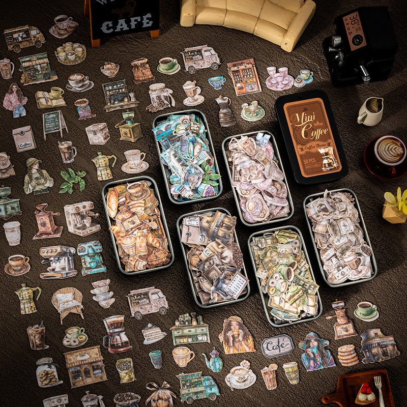 Mini latitas de stickers coffee-50 pzas